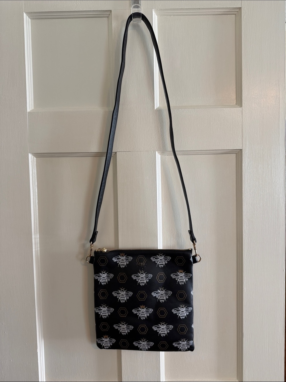 Black Bee-Print Crossbody Bag with Adjustable Strap